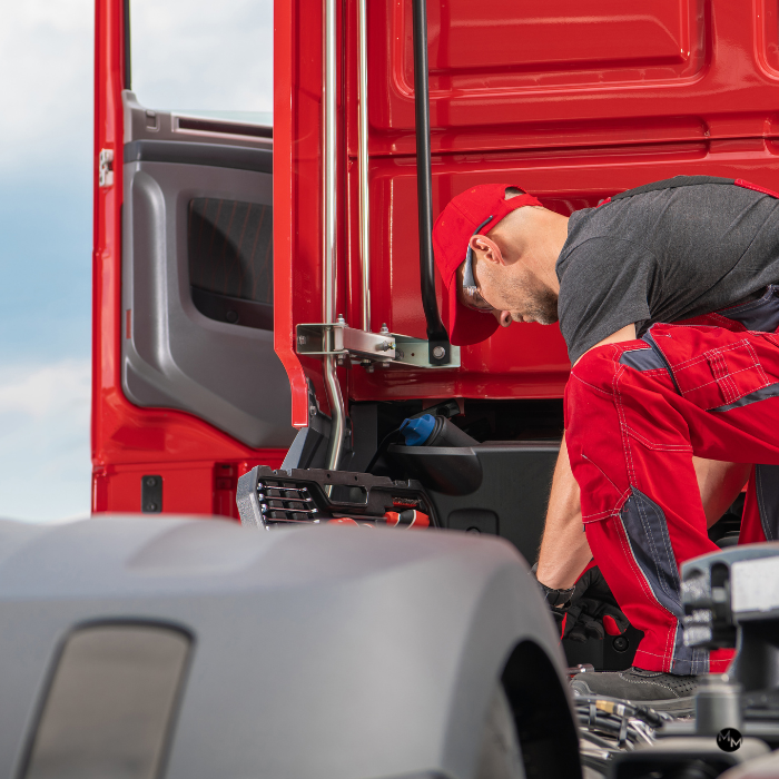mechanic repairing cab of red semi truck
