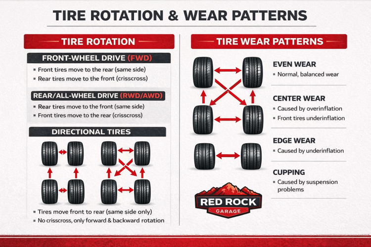 How Often Should Tires Be Rotated? A 5-Step Tire Service Guide 1 Diagram showing uneven tire wear patterns and how tire rotation corrects them on passenger vehicles and trucks