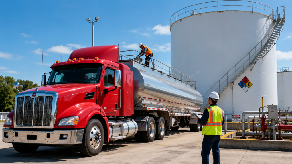 How to Know If Your Fuel Storage Tank Needs Repair Before It Fails a DOT Inspection 1 Red commercial tanker truck undergoing storage tank inspection at Red Rock Garage in St. George, Utah