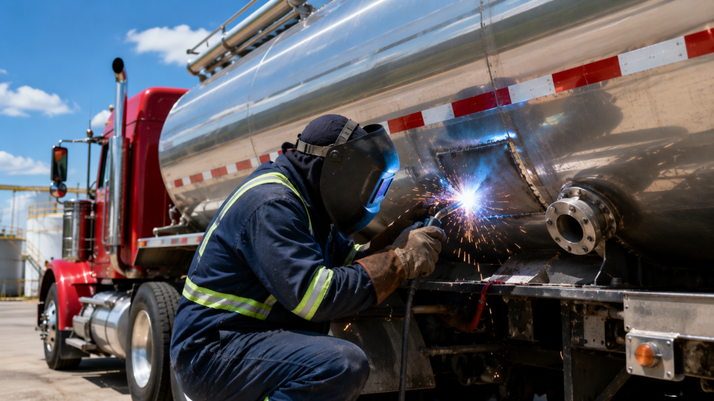 How to Know If Your Fuel Storage Tank Needs Repair Before It Fails a DOT Inspection 2 Certified technician performing storage tank repair welding on a commercial truck at Red Rock Garage, St. George UT